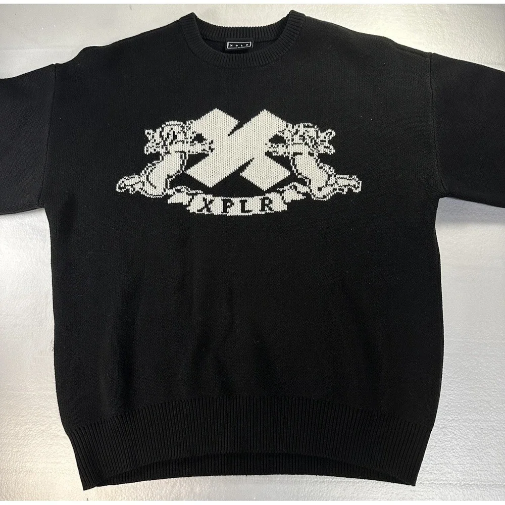 XPLR Mens Knit Cherub Sweater Medium Black White‎ Heavy Pullover